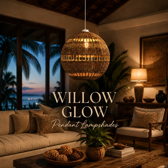 Willow Glow handwoven pendant lampshade in a luxury tropical living room with warm ambient lighting, natural cane texture, and elegant coastal interior décor.