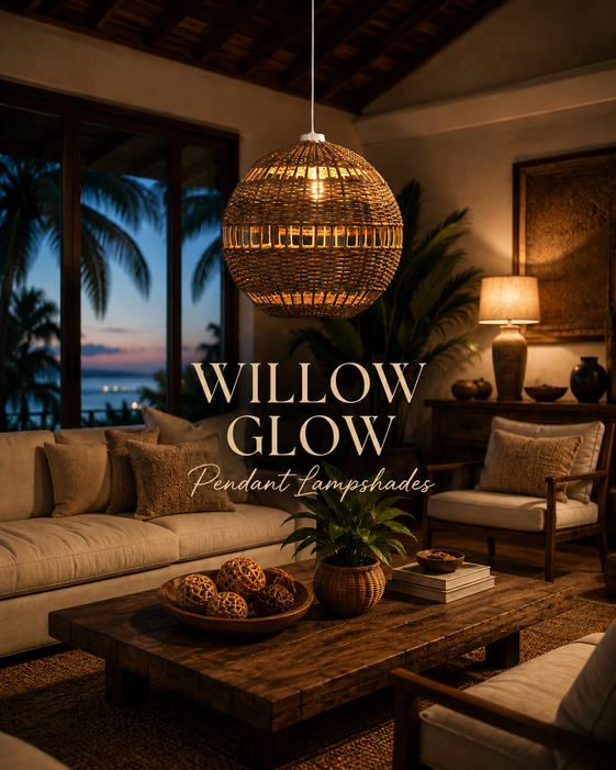 Willow Glow handwoven pendant lampshade in a luxury tropical living room with warm ambient lighting, natural cane texture, and elegant coastal interior décor.
