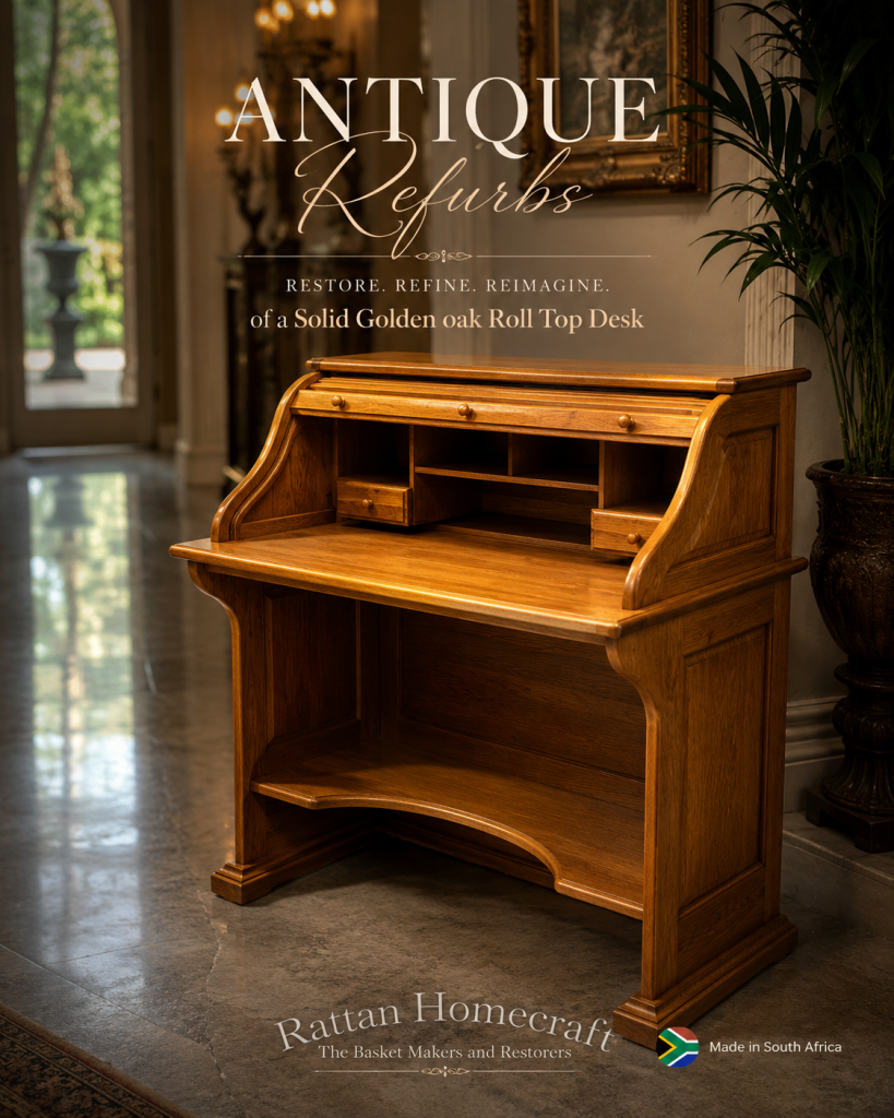 Expert antique furniture refurbishment of a solid golden oak roll top desk featuring restored timber surfaces, rich natural wood grain, and beautifully refinished detailing. The classic roll top desk is showcased in a luxurious hallway setting with elegant heritage craftsmanship, warm ambient lighting, and timeless antique character.