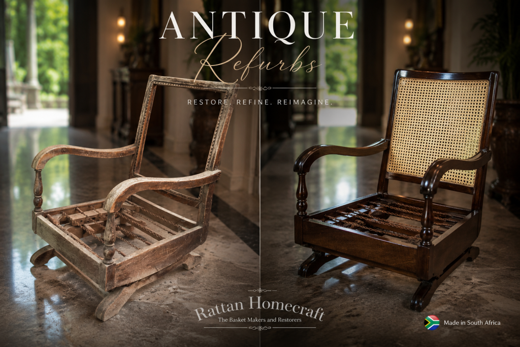 Before-and-after antique chair refurbishment showcasing expert rattan mesh replacement and timber restoration. The restored rocking chair features newly fitted cane mesh panels, refinished dark wood tones, and revived vintage craftsmanship, displayed in a luxurious hallway setting with elegant ambient lighting and high-end restoration detail.