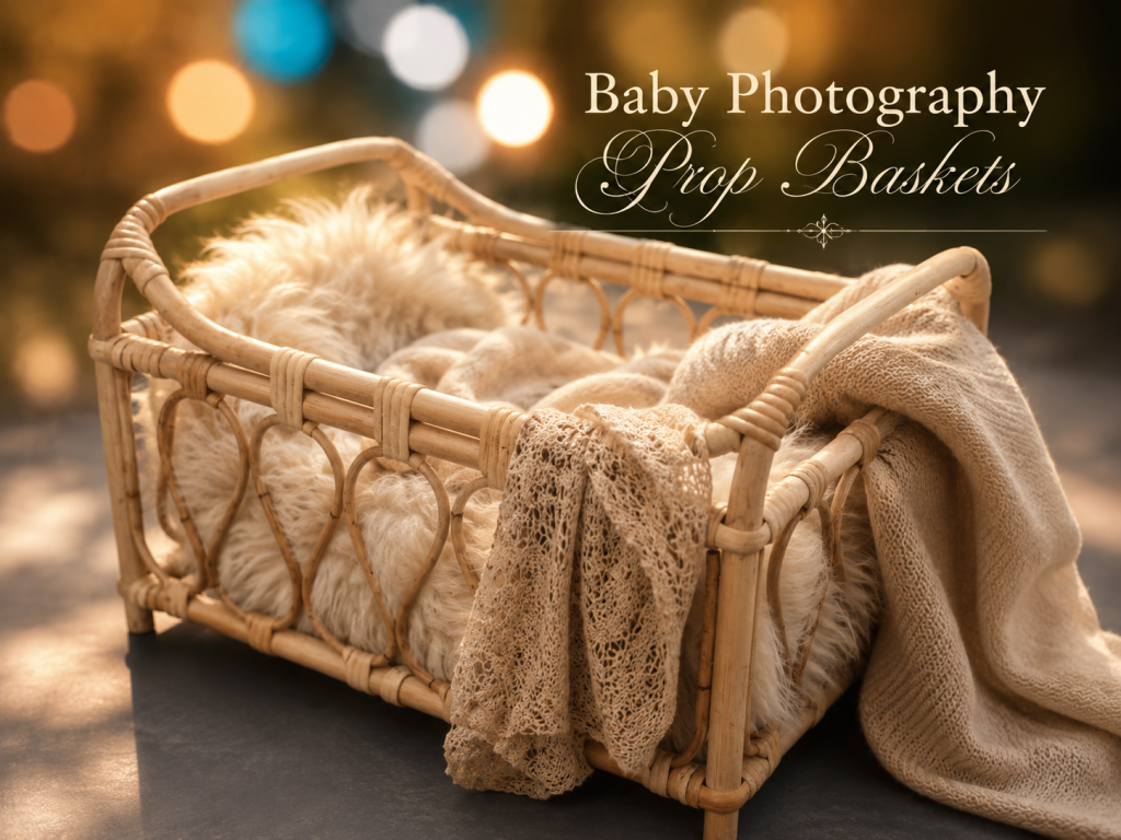 Elegant handcrafted natural rattan baby photography prop basket with soft textured blankets, styled in a luxury studio setting