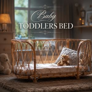 Handcrafted woven cane toddler bed styled in a cozy nursery bedroom with soft bedding and teddy bear accents. Elegant rattan baby bed featuring natural textures, warm ambient lighting, and timeless artisan craftsmanship.