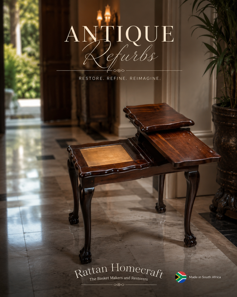 Luxury antique furniture refurbishment featuring a restored ball and claw telephone table with rich polished timber, elegant carved legs, and refined heritage detailing. Expert artisan restoration work showcased in a sophisticated five-star hallway setting with warm ambient lighting and timeless classic styling.