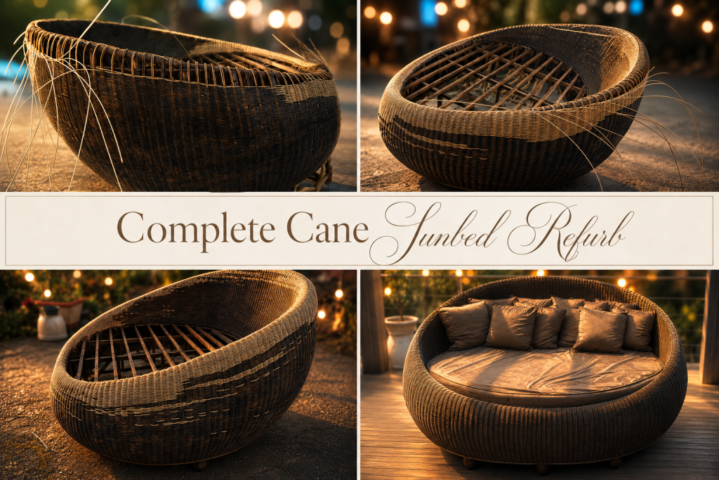 Elegant step-by-step restoration collage of a luxury woven cane sunbed, showcasing the repair journey from damaged cane weaving to a fully refurbished outdoor daybed with plush cushions and warm ambient lighting.