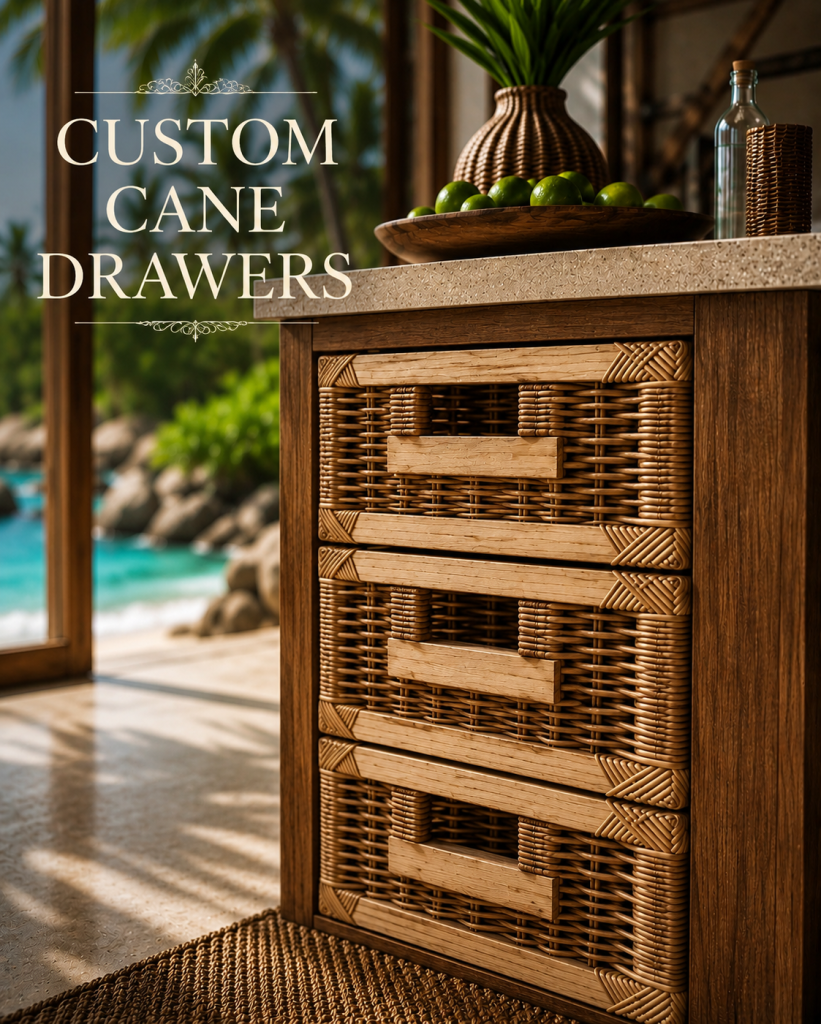 Handcrafted woven cane basket drawers with rich natural textures and custom artisan detailing, built into a luxury wooden cabinet. The tropical-inspired storage design combines durable rattan craftsmanship with elegant coastal styling, creating a warm and sophisticated statement piece for modern interiors.