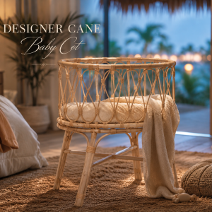 Elegant handcrafted cane baby cot made from natural rattan, photographed in a dramatic studio setting with soft atmospheric lighting and a blurred cyan and amber bokeh background. The minimalist baby cot features intricate woven cane detailing, warm natural textures, and a luxurious high-end tropical aesthetic.