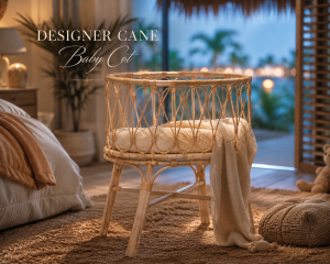 Elegant handcrafted cane baby cot made from natural rattan, photographed in a dramatic studio setting with soft atmospheric lighting and a blurred cyan and amber bokeh background. The minimalist baby cot features intricate woven cane detailing, warm natural textures, and a luxurious high-end tropical aesthetic.