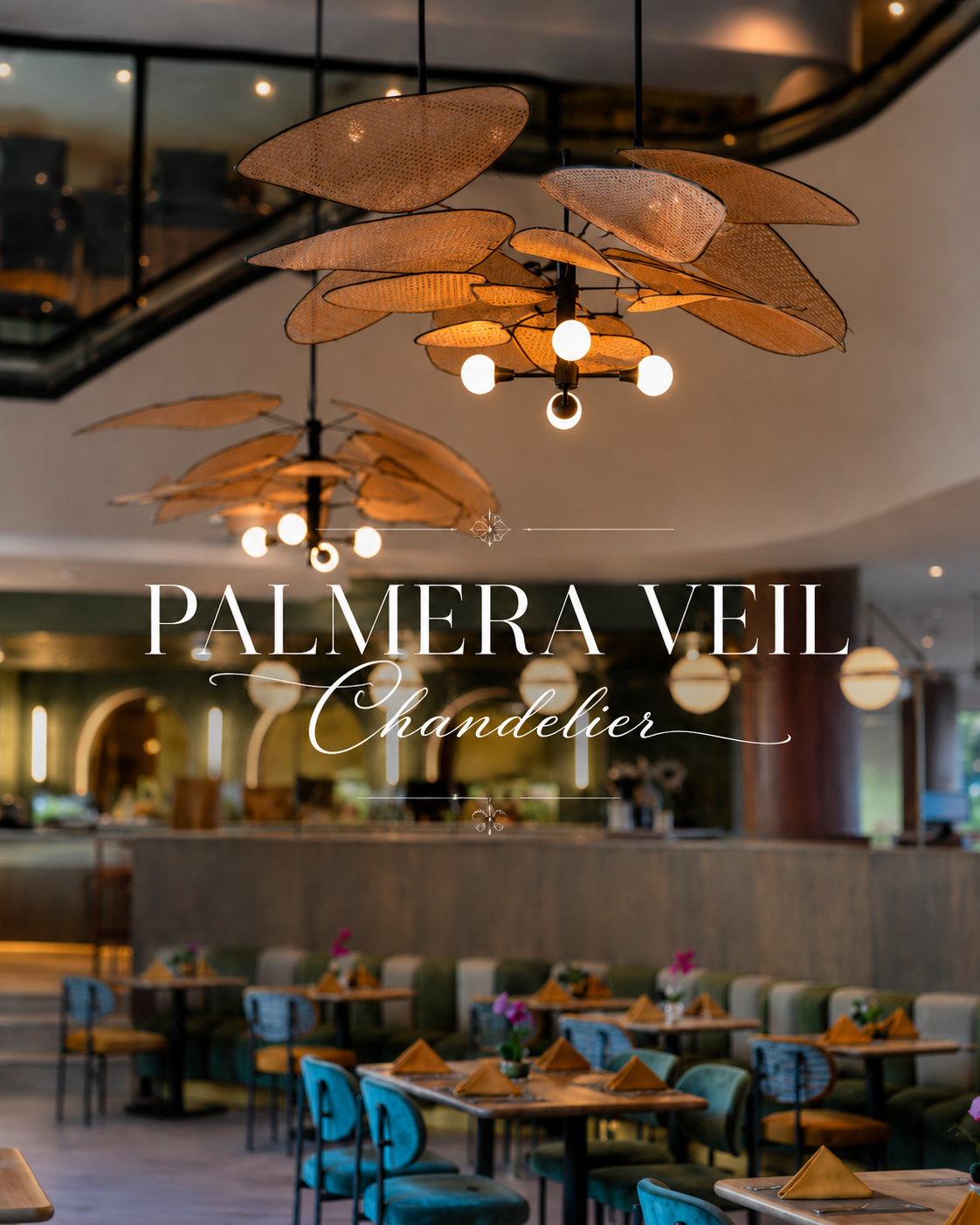 Palmera Veil Chandelier featuring elegant handwoven rattan mesh “leaf” panels arranged in a floating organic design. This luxury statement pendant chandelier casts a warm ambient glow above a sophisticated modern restaurant interior, blending tropical artistry, natural textures, and contemporary coastal elegance.