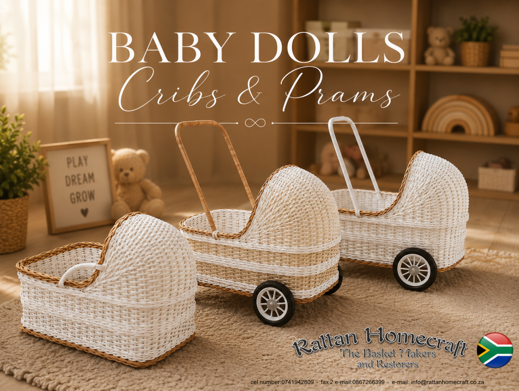 Handwoven synthetic wicker baby doll cribs and prams in a soft white and natural cane combination, styled in a cozy nursery setting. These artisan-crafted doll accessories feature timeless woven textures, elegant vintage-inspired wheels, and charming handcrafted detail for imaginative play and beautiful nursery décor.