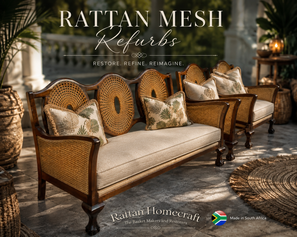 Expert rattan mesh replacement and furniture refurbishment showcasing restored cane mesh panels on elegant vintage wooden seating. Handcrafted woven cane detailing and refinished timber frames displayed in a luxurious verandah setting with warm ambient lighting and timeless artisan craftsmanship.