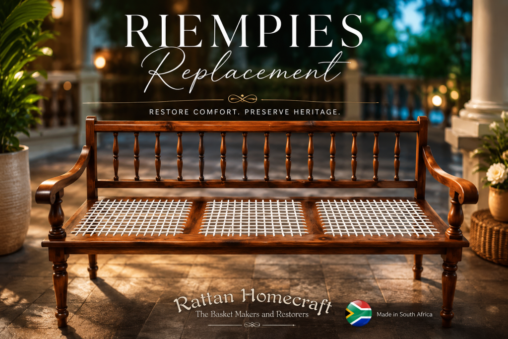 Restored wooden riempies bench featuring expertly handwoven replacement seating in a luxurious verandah setting. The refurbished bench showcases rich timber tones, traditional craftsmanship, and durable woven detailing, highlighted with warm ambient lighting and elegant heritage-inspired styling.