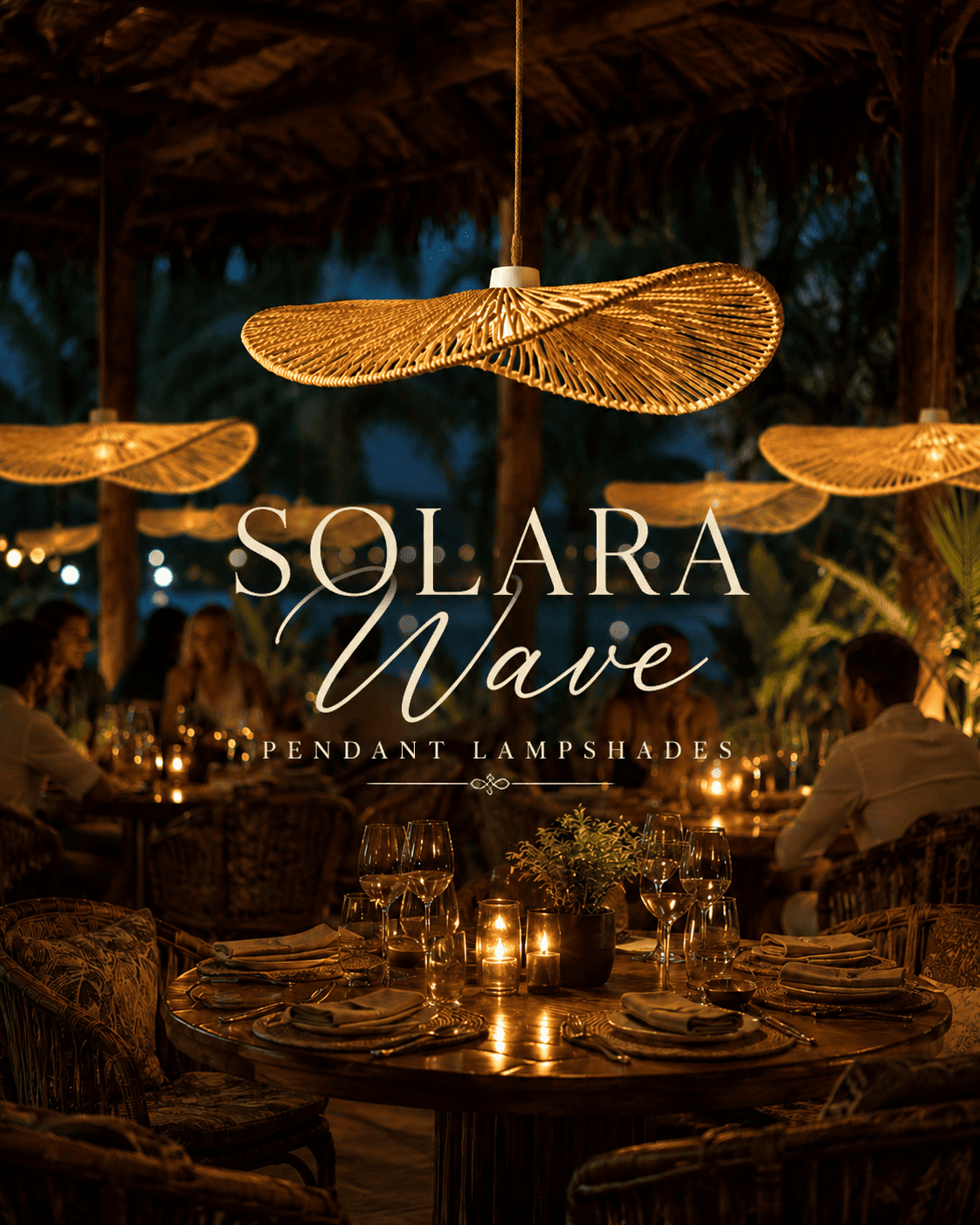 Solara Wave pendant lampshade handcrafted in natural cane with sculptural flowing design and warm ambient lighting