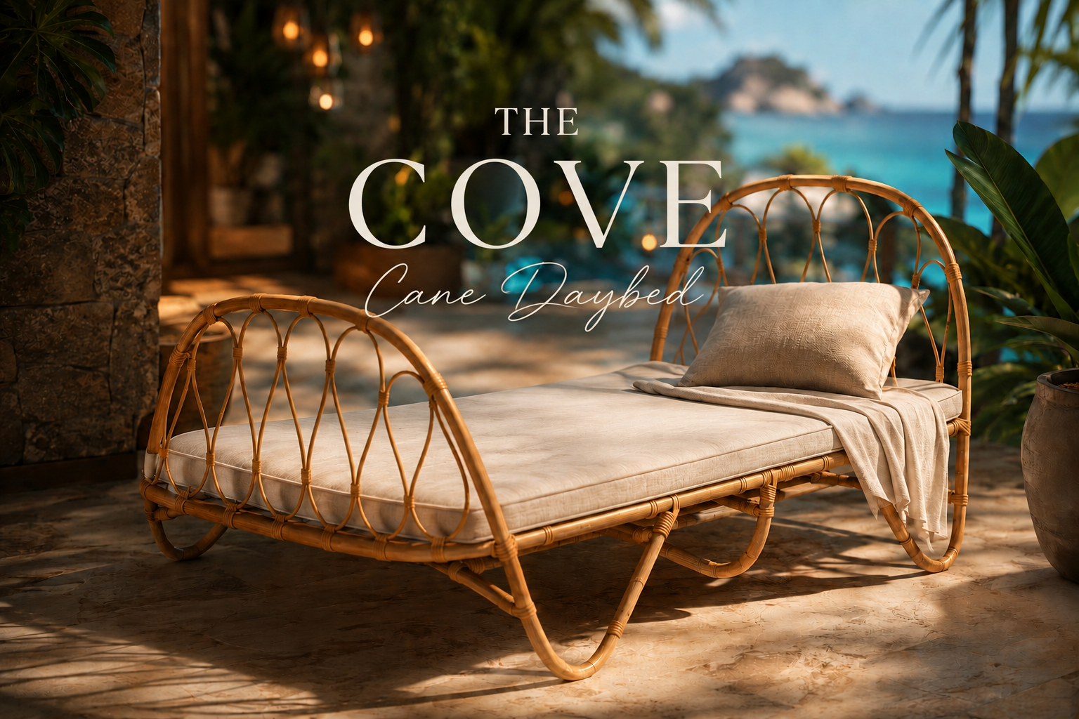 Elegant handcrafted cane daybed with curved woven rattan frame and slim upholstered mattress, styled in a luxury tropical patio setting with warm ambient lighting and coastal resort-inspired décor.