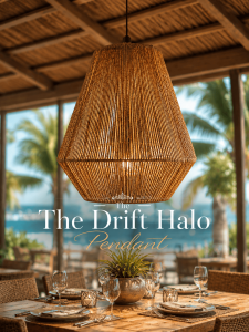Handwoven Danish cord pendant lampshade suspended above a luxury tropical dining setting with warm natural textures and soft coastal daylight ambiance.