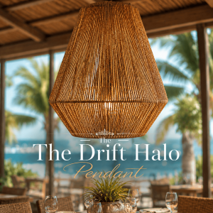 Handwoven Danish cord pendant lampshade suspended above a luxury tropical dining setting with warm natural textures and soft coastal daylight ambiance.