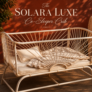 Luxury Solara Luxe Co-Sleeper Crib handcrafted from woven cane with a sunburst design, styled with soft bedding and neutral nursery décor in a warm boho-inspired setting.