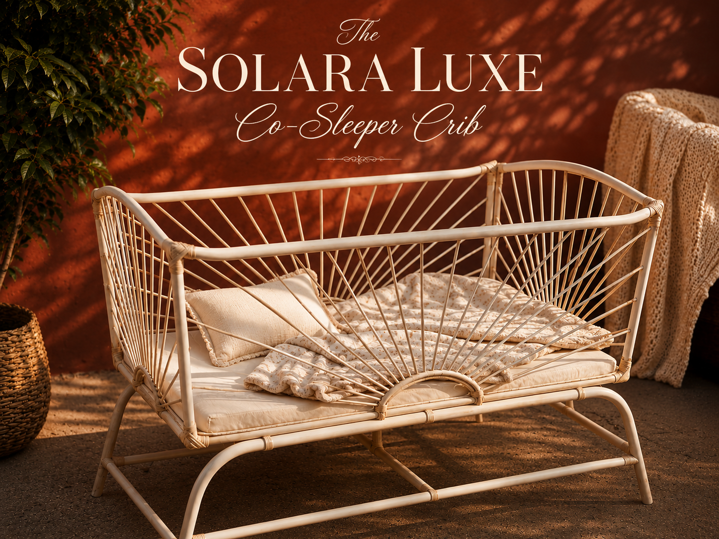 Luxury Solara Luxe Co-Sleeper Crib handcrafted from woven cane with a sunburst design, styled with soft bedding and neutral nursery décor in a warm boho-inspired setting.