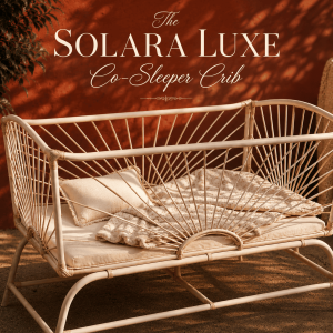 Luxury Solara Luxe Co-Sleeper Crib handcrafted from woven cane with a sunburst design, styled with soft bedding and neutral nursery décor in a warm boho-inspired setting.
