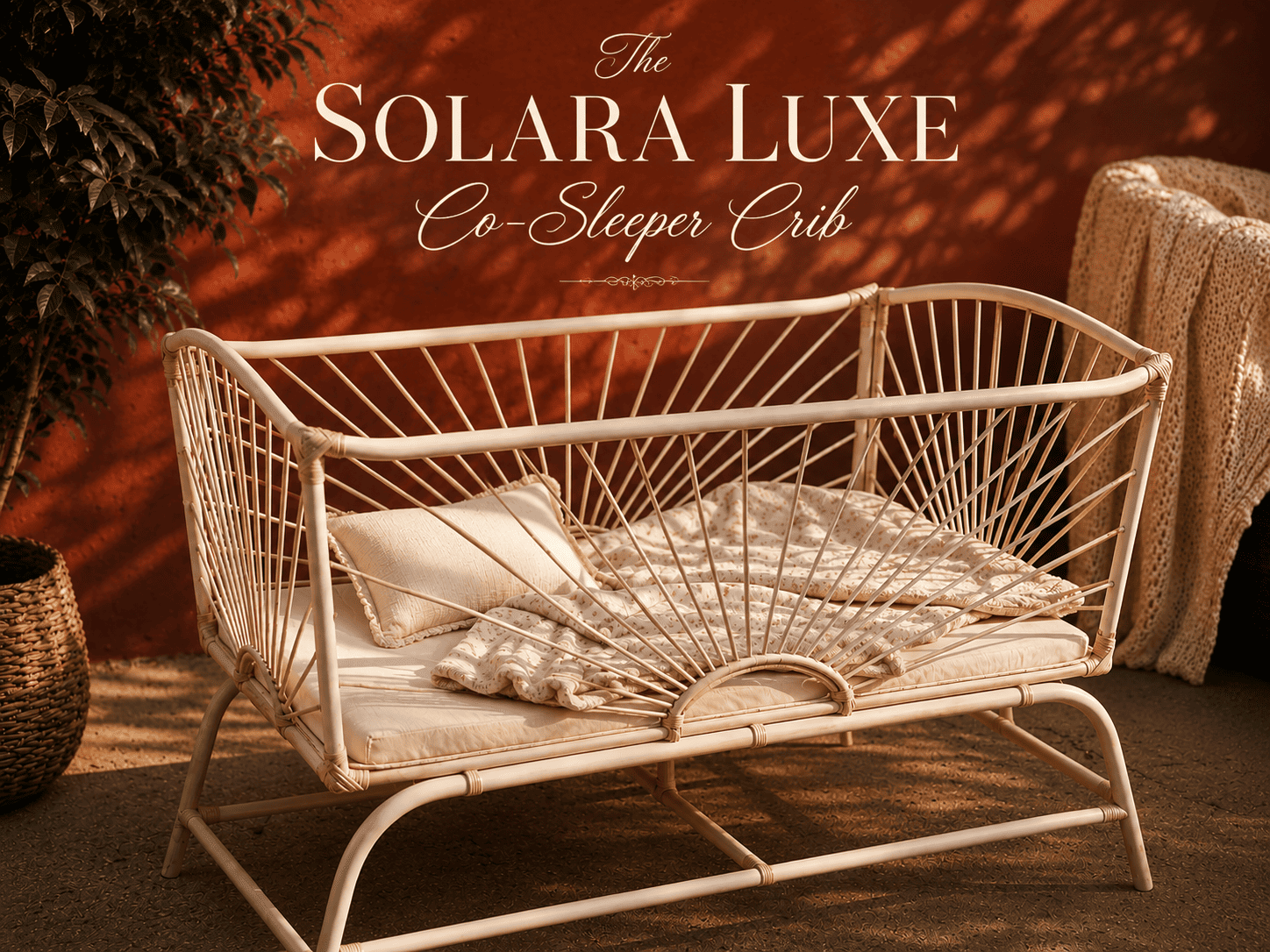 Luxury Solara Luxe Co-Sleeper Crib handcrafted from woven cane with a sunburst design, styled with soft bedding and neutral nursery décor in a warm boho-inspired setting.