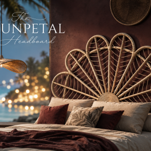 Elegant tropical bedroom featuring “The Sunpetal Headboard,” a handcrafted woven cane headboard with floral sunburst detailing. Styled in a luxury island-inspired interior with layered neutral bedding, warm ambient lighting, and a sculptural woven pendant light. Photorealistic high-end décor scene with rich natural textures, soft bokeh background, and sophisticated coastal-bohemian styling.