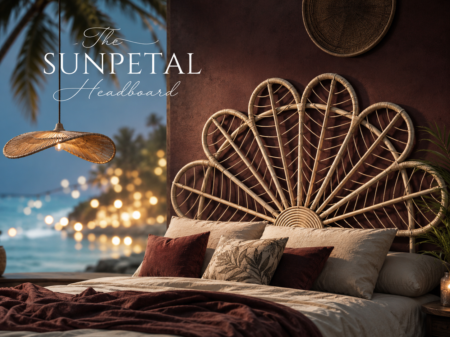 Elegant tropical bedroom featuring “The Sunpetal Headboard,” a handcrafted woven cane headboard with floral sunburst detailing. Styled in a luxury island-inspired interior with layered neutral bedding, warm ambient lighting, and a sculptural woven pendant light. Photorealistic high-end décor scene with rich natural textures, soft bokeh background, and sophisticated coastal-bohemian styling.