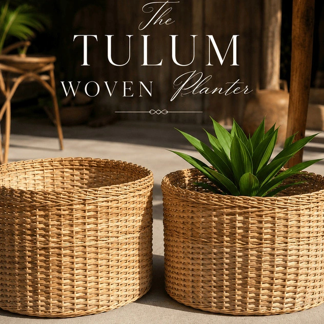 Luxury handwoven wicker planter baskets styled on a tropical verandah with lush greenery, natural cane textures, and warm coastal boho décor. Elegant artisan woven planters with a relaxed resort-inspired aesthetic.