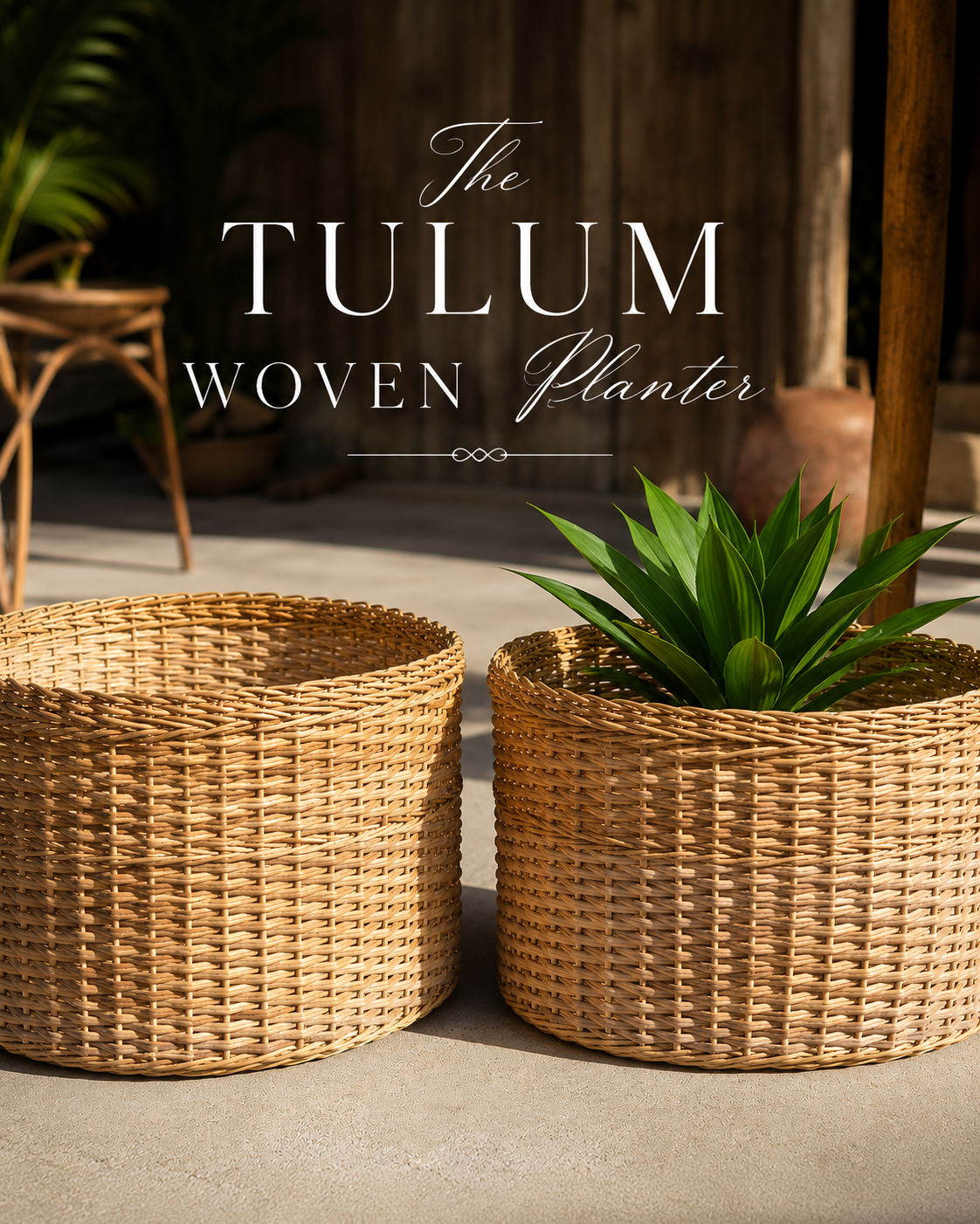 Luxury handwoven wicker planter baskets styled on a tropical verandah with lush greenery, natural cane textures, and warm coastal boho décor. Elegant artisan woven planters with a relaxed resort-inspired aesthetic.