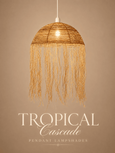 Tropical Cascades handwoven pendant lampshade with flowing raffia fringe, coastal boho lighting, and warm ambient glow in a luxury tropical restaurant setting.
