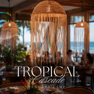 Tropical Cascades handwoven pendant lampshade with flowing raffia fringe, coastal boho lighting, and warm ambient glow in a luxury tropical restaurant setting.