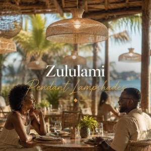 Luxury Zululami pendant lampshades in a tropical beachfront restaurant setting, featuring handwoven natural textures, warm ambient lighting, and elegant coastal dining décor.