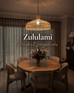 Luxury Zululami pendant lampshades in a tropical beachfront restaurant setting, featuring handwoven natural textures, warm ambient lighting, and elegant coastal dining décor.