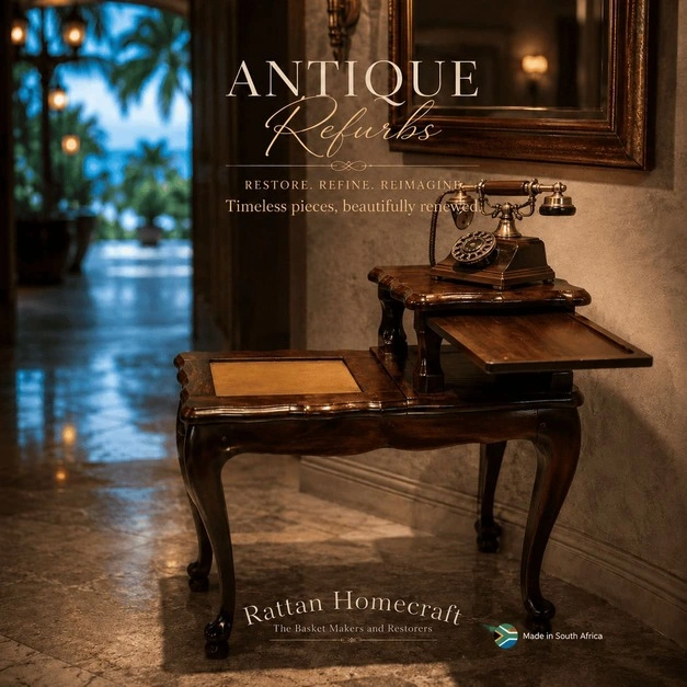 Luxury antique furniture refurbishment featuring a restored ball and claw telephone table with rich polished timber, elegant carved legs, and refined heritage detailing. Expert artisan restoration work showcased in a sophisticated five-star hallway setting with warm ambient lighting and timeless classic styling.
