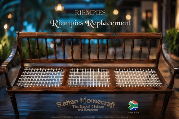 Luxury riempies replacement showcase by Rattan Homecraft featuring a restored solid wood bench with perfectly aligned woven seat panels on an elegant verandah with warm cinematic lighting and soft bokeh background.