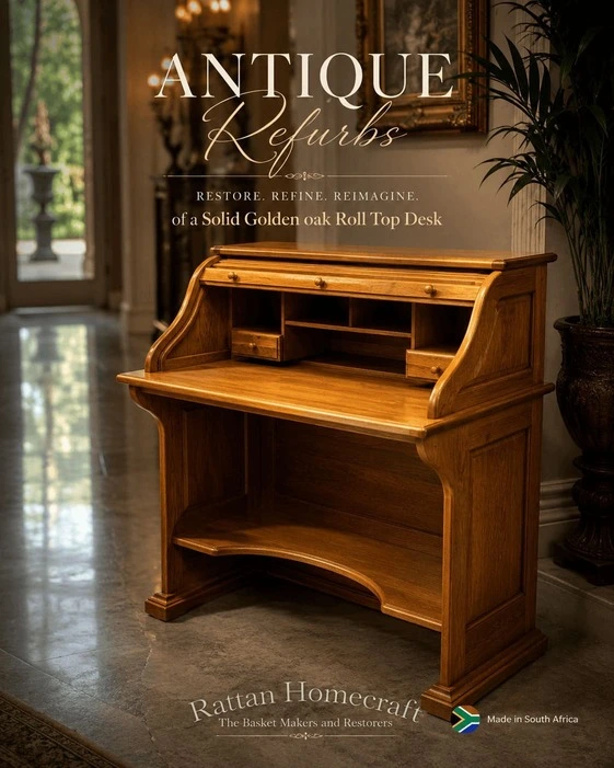 Expert antique furniture refurbishment of a solid golden oak roll top desk featuring restored timber surfaces, rich natural wood grain, and beautifully refinished detailing. The classic roll top desk is showcased in a luxurious hallway setting with elegant heritage craftsmanship, warm ambient lighting, and timeless antique character.