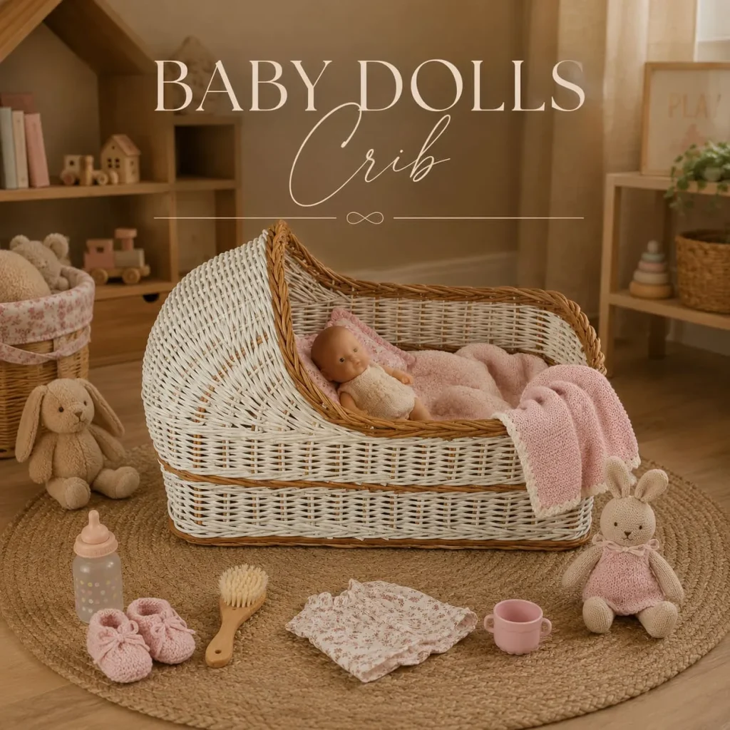 Elegant handcrafted dolls crib basket with vintage-inspired woven detailing, creating a charming and realistic playtime experience.