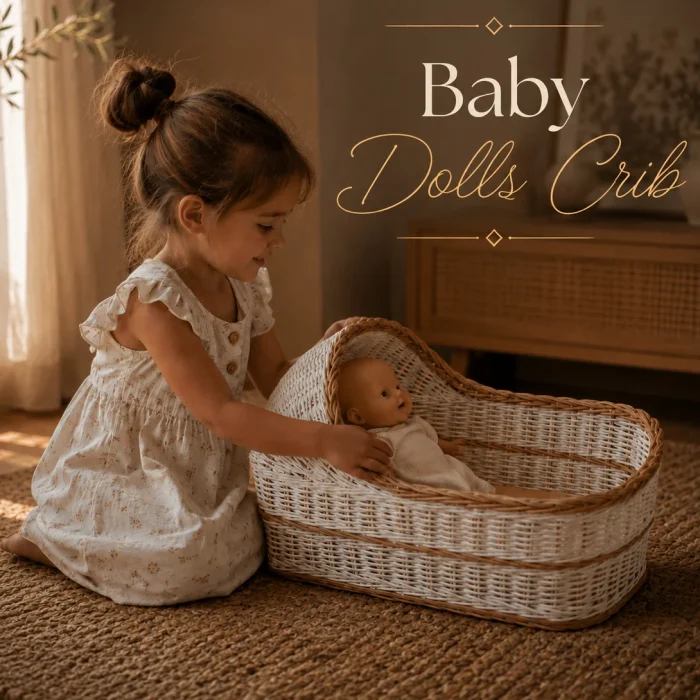 Handwoven wicker baby doll prams with vintage-inspired detailing, styled in a tropical garden setting. Elegant handcrafted cane toy prams with classic wheels and timeless artisan craftsmanship.