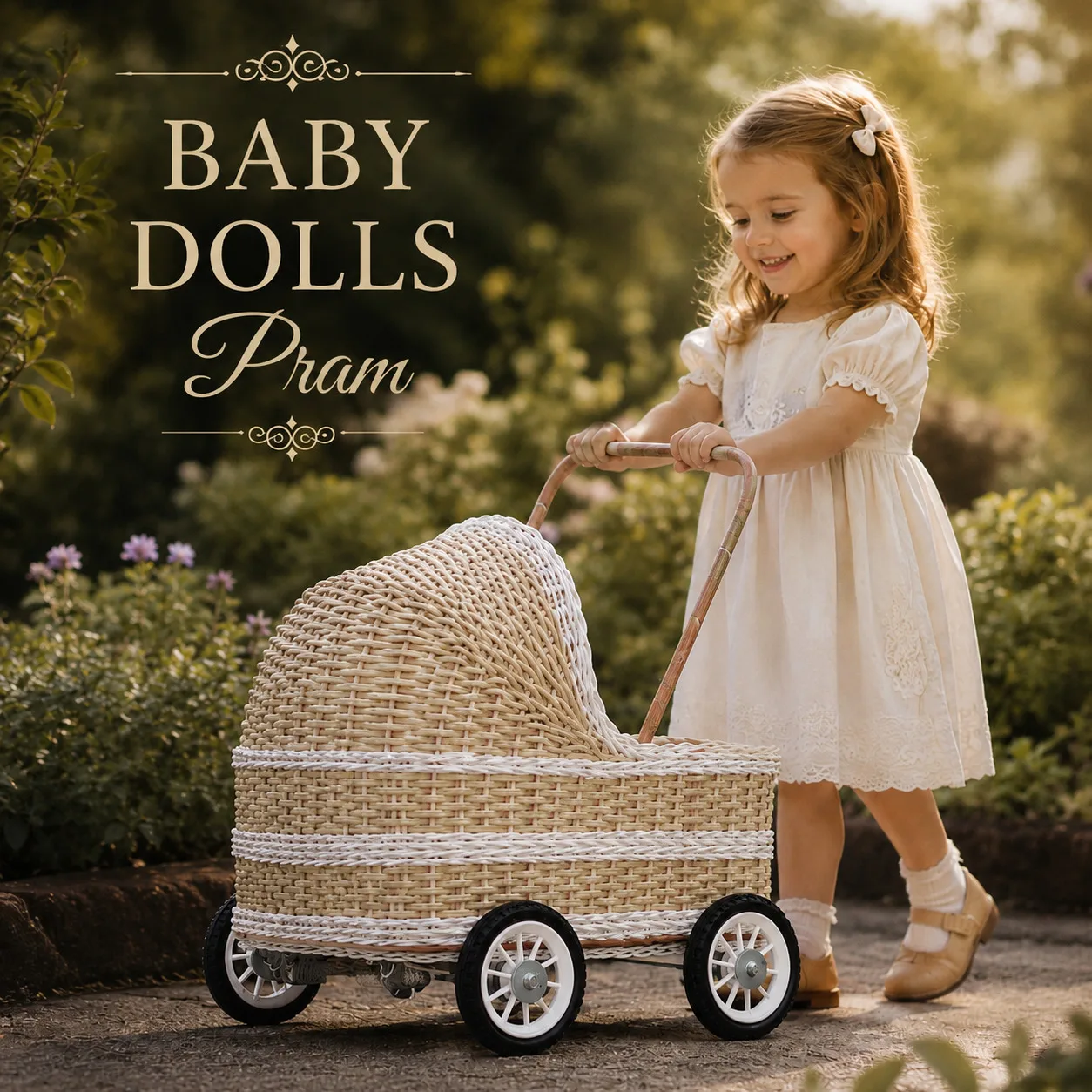 Handwoven wicker baby doll prams with vintage-inspired detailing, styled in a tropical garden setting. Elegant handcrafted cane toy prams with classic wheels and timeless artisan craftsmanship.
