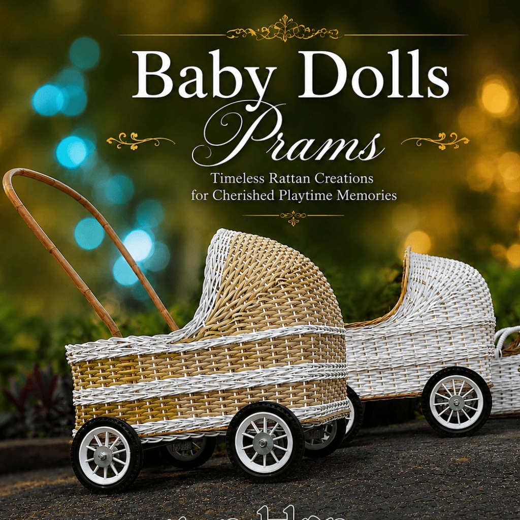 Handwoven wicker baby doll prams with vintage-inspired detailing, styled in a tropical garden setting. Elegant handcrafted cane toy prams with classic wheels and timeless artisan craftsmanship.