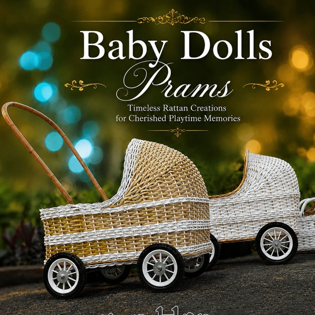 Handwoven wicker baby doll prams with vintage-inspired detailing, styled in a tropical garden setting. Elegant handcrafted cane toy prams with classic wheels and timeless artisan craftsmanship.