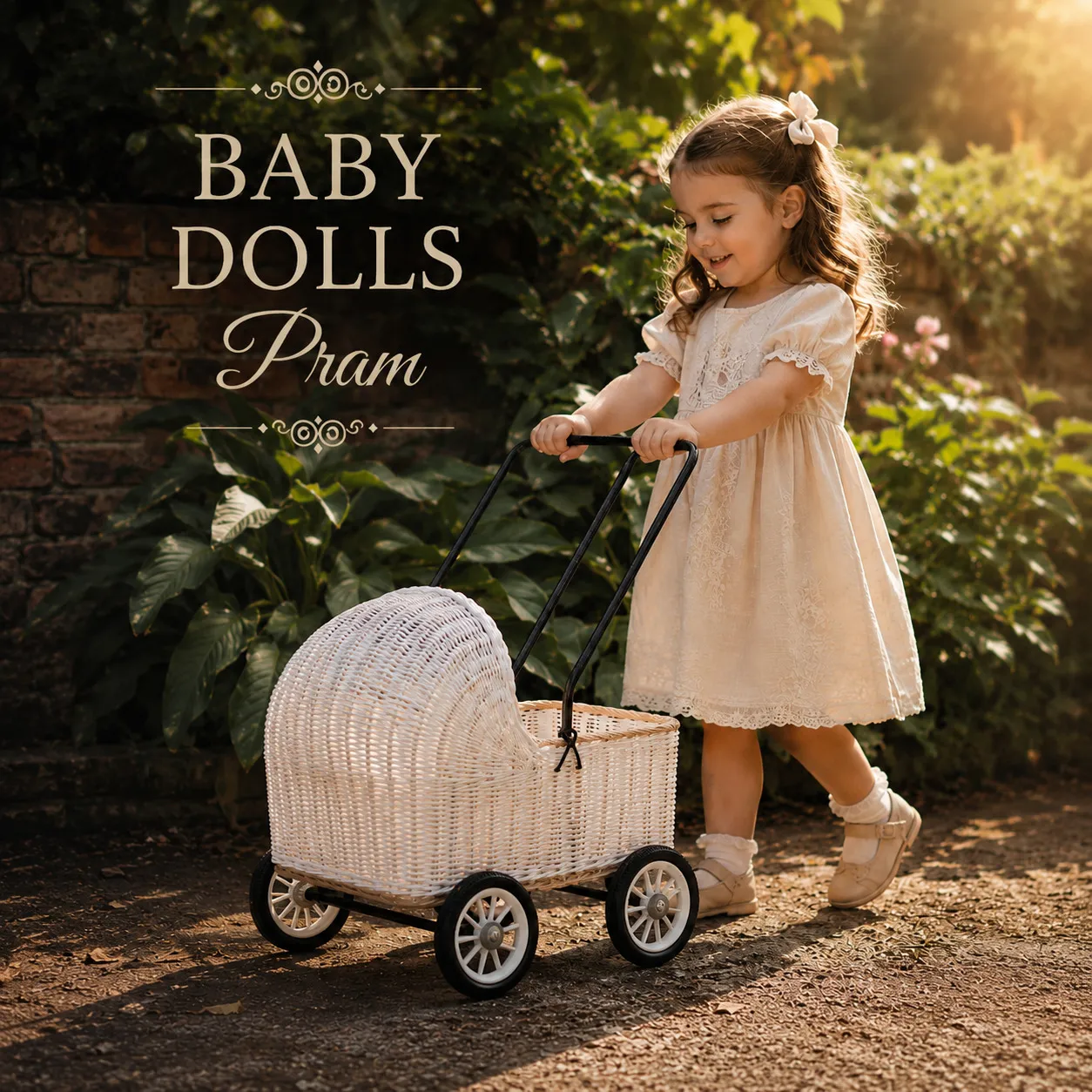 Handwoven wicker baby doll prams with vintage-inspired detailing, styled in a tropical garden setting. Elegant handcrafted cane toy prams with classic wheels and timeless artisan craftsmanship.
