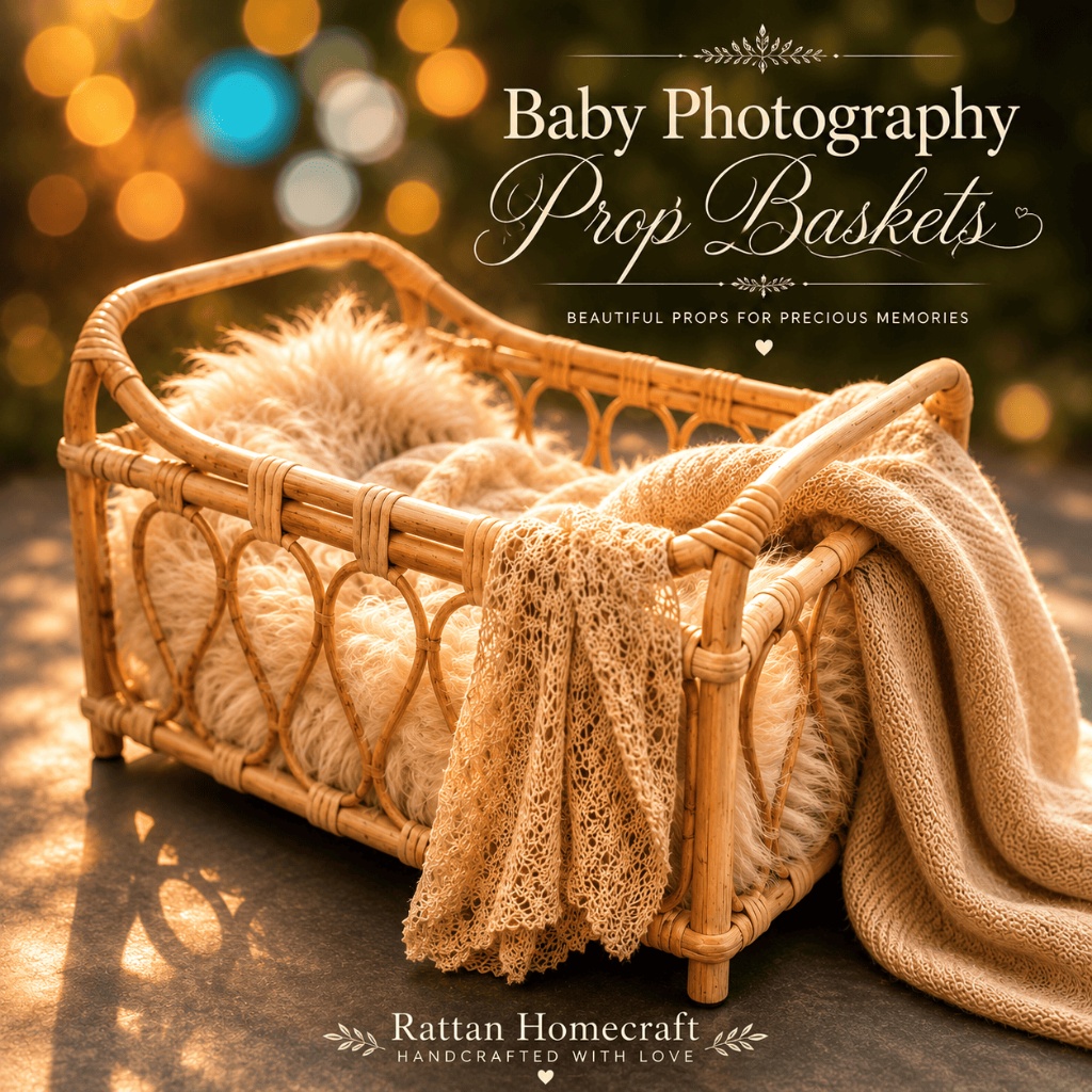 Handcrafted baby photography prop basket designed for newborn photo sessions with natural woven textures and timeless styling by Rattan Homecraft.