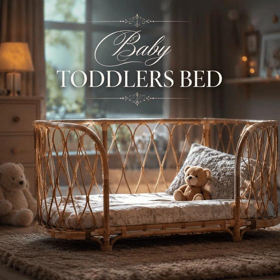 Luxury handcrafted rattan toddler bed made from natural cane with elegant woven detailing and low-profile design for stylish nursery, toddler bedroom and boutique children’s interiors.