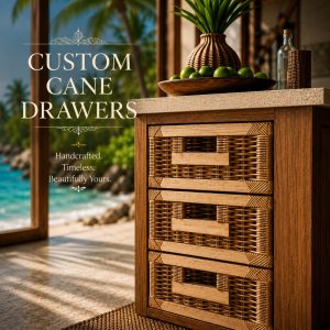 Custom cane drawers handcrafted with woven cane detailing and solid timber finishes, designed for luxury coastal and contemporary interiors by Rattan Homecraft.