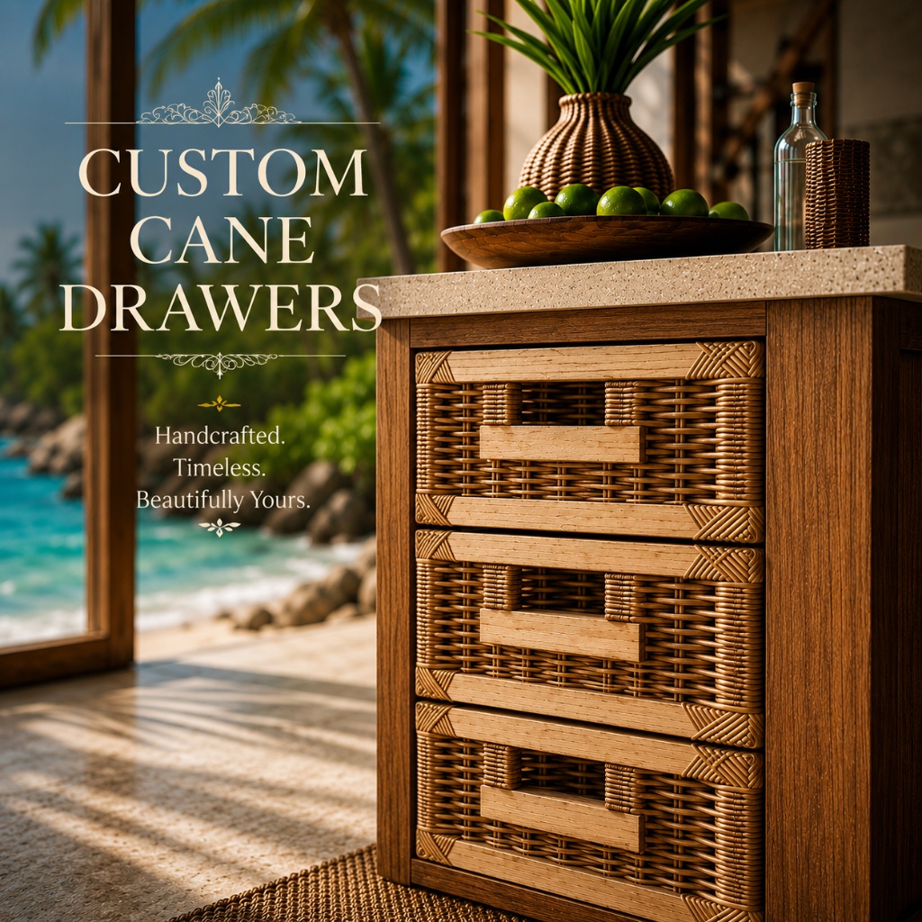 Custom cane drawers handcrafted with woven cane detailing and solid timber finishes, designed for luxury coastal and contemporary interiors by Rattan Homecraft.