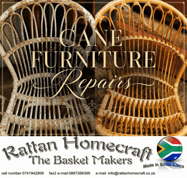 Professional cane furniture repair and restoration service featuring a restored white woven rocking chair beside its original worn condition, showcasing expert handcrafted rattan and wicker furniture refurbishment.