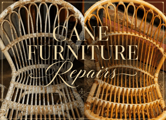 Professional cane furniture repair and restoration service featuring a restored white woven rocking chair beside its original worn condition, showcasing expert handcrafted rattan and wicker furniture refurbishment.