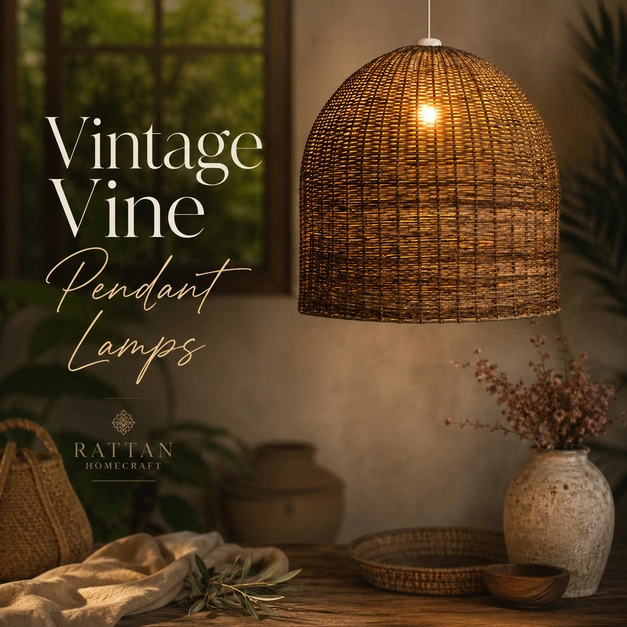 Vintage Vine Pendant Lamp handcrafted from woven natural cane, warm ambient lighting and elegant artisan design by Rattan Homecraft