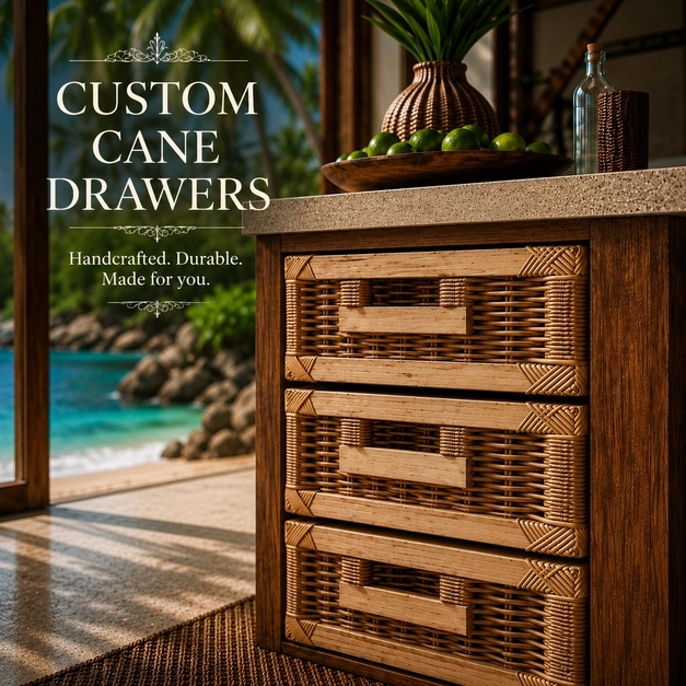 Handcrafted custom cane drawers with wrapped cane corners and woven rattan detailing in a premium showroom setting