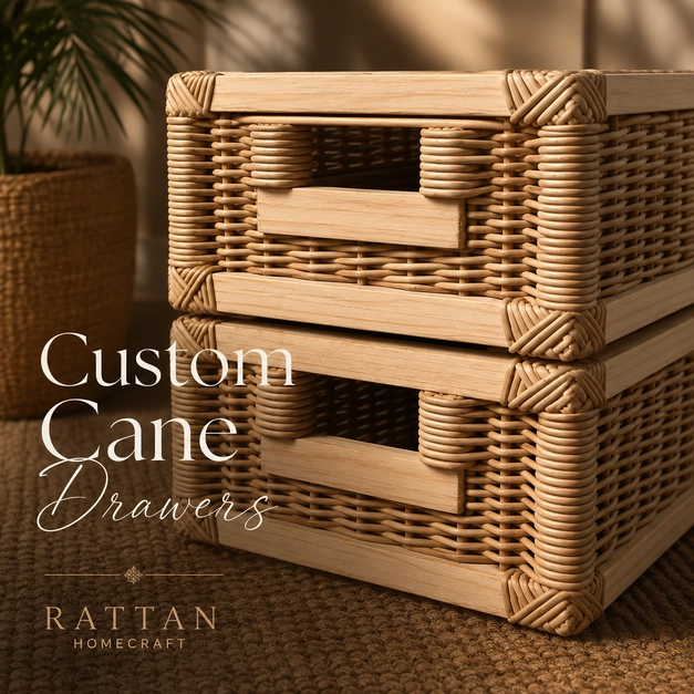 Handcrafted custom cane drawers with wrapped cane corners and woven rattan detailing in a premium showroom setting