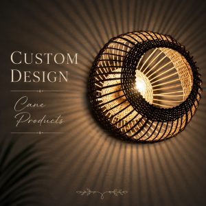 Handcrafted cane wall light with sculptural circular weave casting dramatic ambient shadow patterns